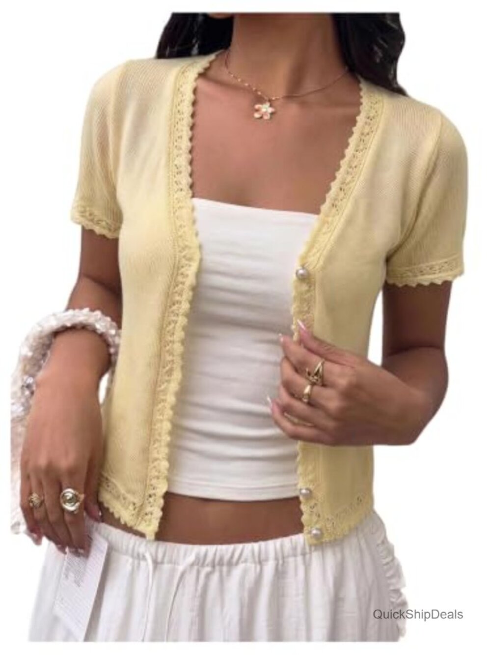 Lace Trim Cardigan Pearl Beaded Knitted Short Sleeve V-Neck Women's